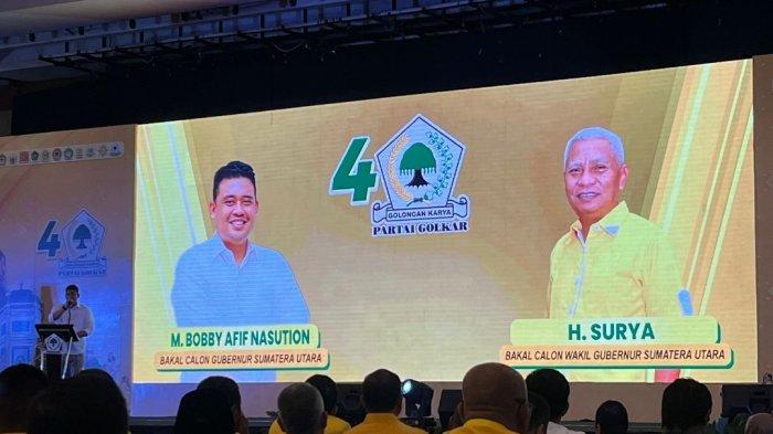 Bobby Nasution dan H Surya B. Sc dipertemukan dan diperkenalkan ke Kader Golkar Sumut sebagai calon Cagub dan Cawagub, Senin (15/7/2024) di Hotel JW Marriot Medan.