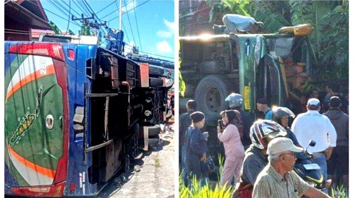 Bus Antar Lintas Sumatera (ALS) mengalami kecelakaan di Kota Padang Panjang, Sumatera Barat, Selasa (6/5/2025). Bus diduga rem blong dan terbalik tepatnya di perlintasan Kelurahan Bukit Surungan, Kecamatan Padang Panjang Barat, Kota Padang Panjang. (Istimewa)