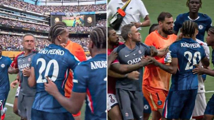 PEMUKULAN: Pelatih PSG Luis Enrique pukul pemain Chelsea Joao Pedro. Kericuhaan di lapangan terjadi usai Chelsea secara meyakinkan mengalahkan PSG  di Final Piala Dunia Antarklub 2025, Senin (14/7/2025) dini hari WIB.