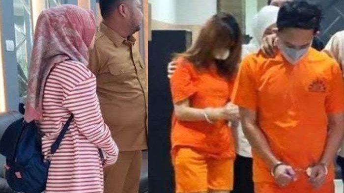 DISELINGKUHI SUAMI: POD (kerudung merah muda), istri asal Kebomas Gresik saat melapor di Mapolres Gresik, Senin (3/2/2025).Istri Ichlas Budhi Pratama curhat tak dinafkahi hingga jual emas demi hidupi anak.