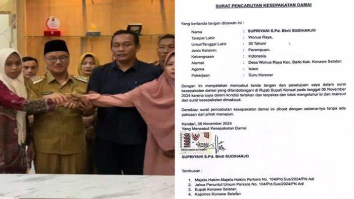 Guru honorer, Supriyani cabut dan batalkan perdamaian dengan orang tua murid anak dari oknum aparat kepolisian. Supriyani menyatakan dalam surat tertulis tersebut mencabut perdamaian karena merasa tertekan dan terpaksa. Dengan ini menyatakan mencabut tanda tangan dan pesetujuan saya dalam surat kesepakatan damai yang ditandatangani di Rujab Bupati Konsel pada tanggal 05 November 2024 karena saya dalam kondisi tertekan dan terpaksa dan tidak mengetahui isi dan maksud dari surat kesepakatan dimaksud, demikian isi surat pencabutan kesepakatan damai itu, Rabu (06/11/2024). Surat pencabutan kesepakatan damai itu dilengkapi dengan materai 10.000 dan di tanda tangani langsung oleh Supriyani. Demikian surat pencabutan kesepakatan damai ini dibuat dengan sebenarnya tanpa ada paksaan dari pihak manapun,” isi surat pencabutan kesepakatan damai itu. Pembatalan perdamaian itu juga dibenarkan oleh Direktur LBH HAMI Sultra, Andre Darmawan yang merupakan kuasa hukum Supriyani. (Istimewa)