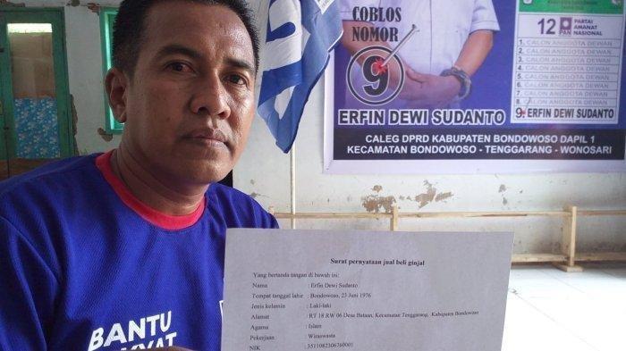 Caleg jual ginjal demi modal kampanye menjadi sorotan netizan. Pria bernama Erfin Dwi Sudanto (47) nekat menjual ginjalnya demi modal kampanye sebagai caleg. 