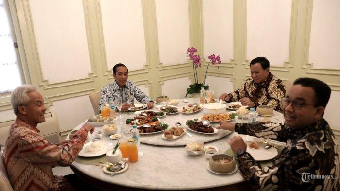Senyum para calon presiden (capres) 2024 yaitu Anies Baswedan, Ganjar Pranowo, dan Prabowo Subianto saat makan siang bersama dengan Presiden Joko Widodo (Jokowi) di Istana Merdeka, Jakarta, Senin (30/10/2023). (TRIBUNNEWS/IRWAN RISMAWAN)