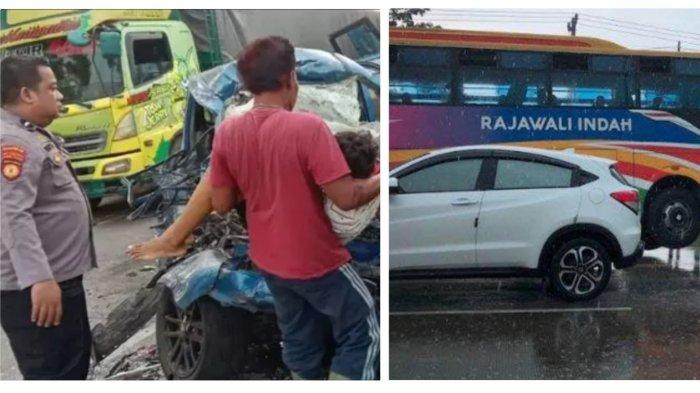 DAFTAR KORBAN TEWAS: Mobil rombongan umrah terlibat kecelakaan maut, tabrakan dengan bus di jalan raya Duduksampeyan, Kecamatan Duduksampeyan, Kabupaten Gresik, Jaw Timur, Kamis (10/4/2025) pagi.  (Via Surya)