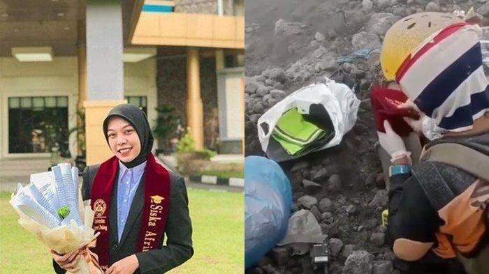 Salah satu relawan akhirnya menemukan atribut wisuda milik Siska Afrina saat hendak mengevakuasi para pendaki. Tersimpan dalam kantong kresek.