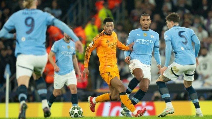 BELLINGHAM DIKEPUNG - Gelandang Real Madrid, Jude Bellingham dikepung pemain Manchester City pada pertandingan babak play-off 16 besar Liga Champions di Etihad Stadium, Rabu (12/2/2025) dini hari WIB. (Diambil dari website resmi Manchester City, Rabu, 12 Februari 2025) (mancity.com)