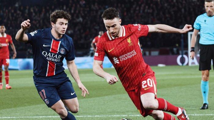 AKSI DIOGO JOTA - Momen gelandang Liverpool, Diogo Jota melewati pemain PSG di leg pertama 16 besar Liga Champions 2024-2025, Kamis (5/3/2025) dini hari WIB