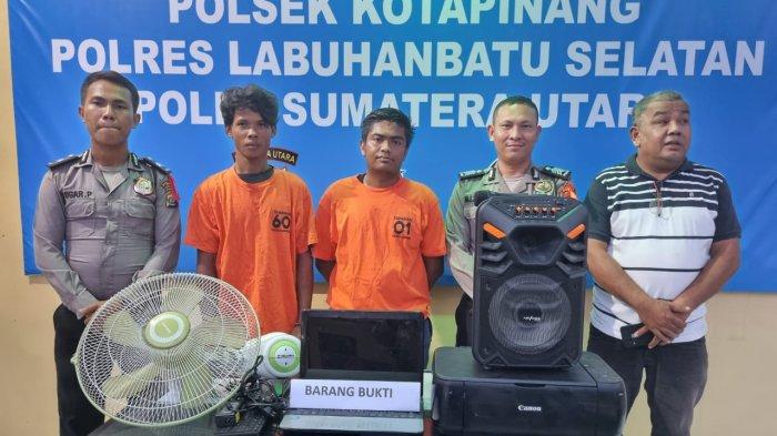 Dua tersangka pencurian peralatan elektronik di sekolah Dasar Inpres di Labusel diamankan bersama barang bukti.