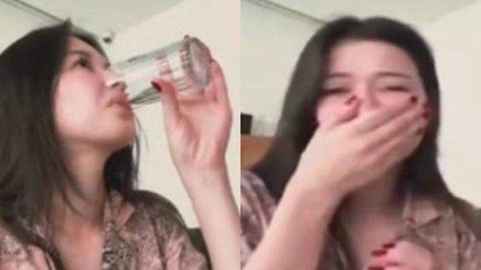 Ekspresi mual Iris Wullur minum air zamzam disorot, tutup mulut bak ingin muntah