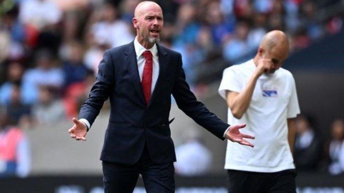 Reaksi pelatih Man United, Erik ten Hag, dan juru racik Man City, Pep Guardiola, dalam final Community Shield 2024 antara Man City vs Man United di Stadion Wembley pada 10 Agustus 2024.(JUSTIN TALLIS/AFP)