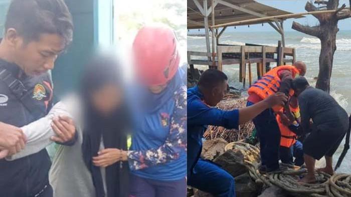 DITEMUKAN SELAMAT - Petugas gabungan membawa Pipit, ibu dari dua bocah kakak beradik yang ditemukan tewas tenggelam di Pantai Sigandu Batang, Rabu (30/7/2025). Saat ini Pipit yang ditemukan dalam kondisi selamat itu berada di Polres Batang untuk jalani pemeriksaan.