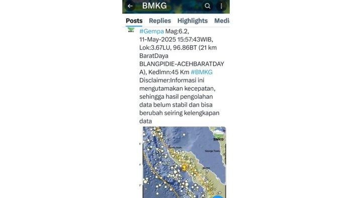 Gempa berkekuatan 6,2 Magnitudo yang terjadi di Blang Pidie, Aceh Barat Daya terasa hingga ke Kota Sidikalang, Kabupaten Dairi Sumatera Utara, Minggu (11/5/2025) .