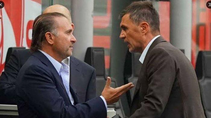 Pemilik AC Milan, Gerry Cardinale (kiri), dan Paolo Maldini (kanan) saat bertemu dalam sebuah pertandingan.