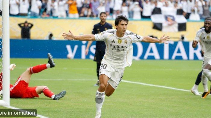 SELEBRASI - Striker Real Madrid, Gonzalo Garcia selebrasi usai cetak gol ke gawang Juventus. Hasil Piala Dunia Klub antara Real Madrid vs Juventus yang digelar di Stadion Hard Rock berakhir dengan skor 1-0 untuk Los Blancos.