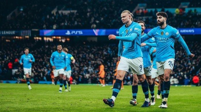 SELEBRASI ERLING HAALAND - Selebrasi penyerang Manchester City, Erling Haaland setelah mencetak gol ke gawang Real Madrid pada babak play-off 16 besar Liga Champions di Etihad Stadium, Rabu (12/2/2025) dini hari WIB. (Laman Resmi Manchester City)