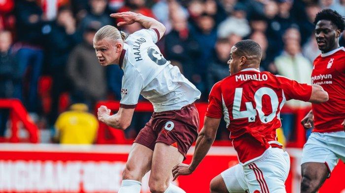 Erling Haaland mencetak gol di laga Nottingham vs Manchester City pekan ke-35 Liga Inggris, Minggu (28/4/2024)