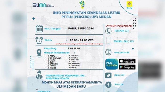 Info pemadaman listrik besok di kawasan Medan Baru