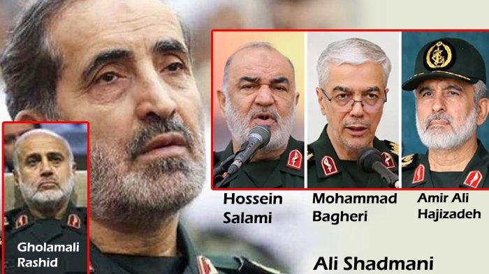 5 JENDERAL IRAN DIBUNUH ISRAEL: Militer Israel mengatakan mereka telah membunuh kepala Markas Pusat Khatam al-Anbiya IRGC, Jenderal Ali Shadmani, dalam serangan jet tempur, Selasa (17/6/2025). Sebelumnya Israel telah membunuh 4 petinggi militer Iran yang tewas dalam serangan Israel mencakup Jenderal Hossein Salami, Mohammad Bagheri, Gholamali Rashid, dan Amir Ali Hajizadeh. (KOLASE ISTIMEWA/BBC)