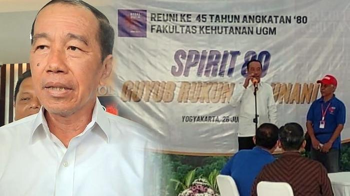 Joko Widodo (Jokowi) saat berdialog dengan teman baiknya semasa kuliah di Fakultas Kehutanan UGM, Jambrung Sasono, di acara reuni Fakultas Kehutanan UGM, Sabtu (26/7/2025). (KOLASE TRIBUN-MEDAN.COM/KOMPAS.COM/YUSTINUS WIJAYA KUSUMA)
