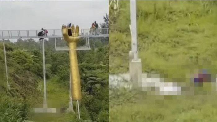 Jembatan kaca The Geong di komplek wisata Hutan Pinus Limpakuwus, Banyumas, Jawa Tengah pecah dan memakan korban pada Rabu (25/10/2023).