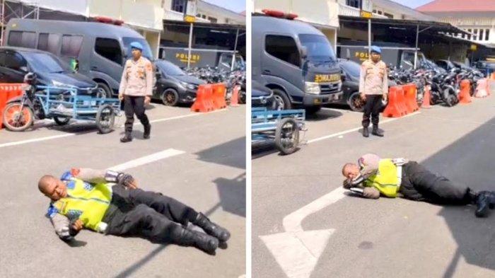 PUNGLI KE PENGENDARA: Jepretan layar Aiptu Rudi Hartono, personel Satlantas Polrestabes Medan yang viral melakukan pungutan liar (Pungli) ke pengendara sepeda motor dihukum guling-guling ke aspal dibawah terik matahari, Kamis (26/6/2025). Setelah dihukum guling-guling, ia dikurung dalam penempatan khusus (Patsus) Polrestabes Medan.