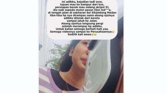 Jepretan layar seorang mahasiswi di Kota Medan setelah jadi korban dugaan jambret yang diduga dilakukan ojek online.