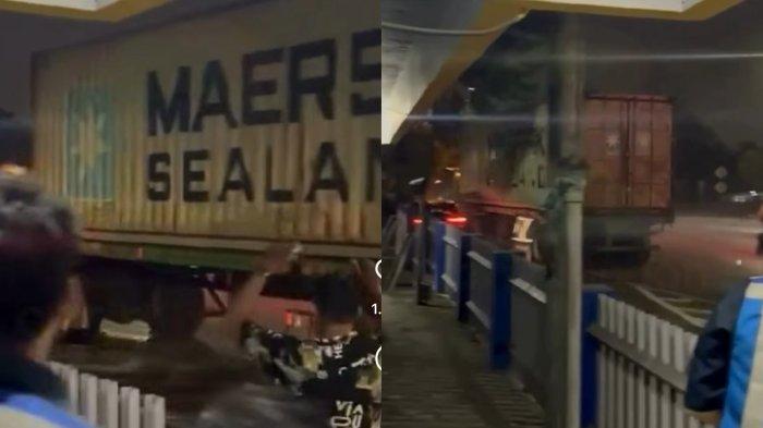 Jepretan layar truk kontainer bertuliskan 'Maersk Sealand' lepas kendali di gerbang tol Tanjung Mulia, Kecamatan Medan Deli, Kota Medan hingga menyeruduk sejumlah mobil pribadi yang sedang berhenti, Jumat (22/11/2024) malam. Polisi menyebut sejauh ini tak ada korban jiwa.