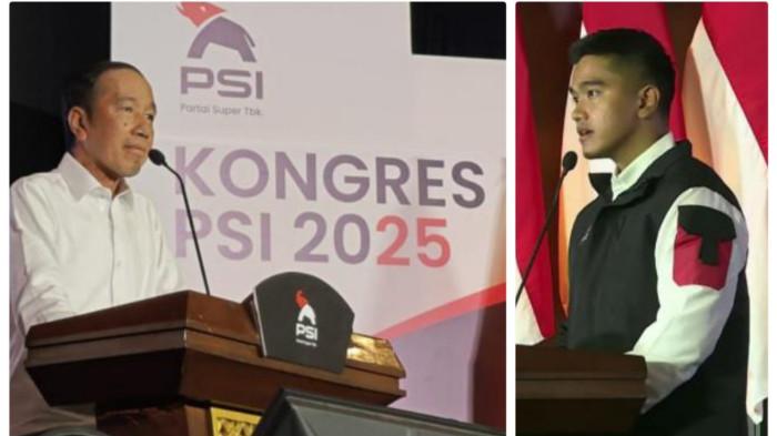 Penampakan Presiden ke-7 RI, Joko Widodo (Jokowi) berpidato di Kongres Partai Solidaritas Indonesia (PSI) di Graha Saba Buana, Solo, Jawa Tengah, Sabtu (19/7/2025). Dalam pidatonya, Joko Widodo (Jokowi) yakin Partai Solidaritas Indonesia (PSI) akan menjadi partai yang besar di tahun 2034. Kaesang kembali terpilih sebagai Ketum PSSI 2025-2029. (kolase Tribunnews)