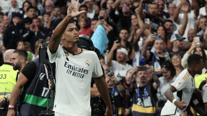 Jude Bellingham memenangkan Real Madrid atas Union Berlin pada duel Liga Champions di Santiago Bernabeu (20/9/2023).