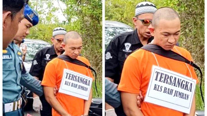 REKONSTRUKSI PEMBUNUHAN - Tersangka oknum TNI AL Kelasi Satu Jumran (baju tahanan) menjalani rekonstruksi pembunuhan jurnalis Juwita di Gunung Kupang, Cempaka, Sabtu (5/4/2025). (Kolase Banjarmasinpost.co.id/Stanislaussen)