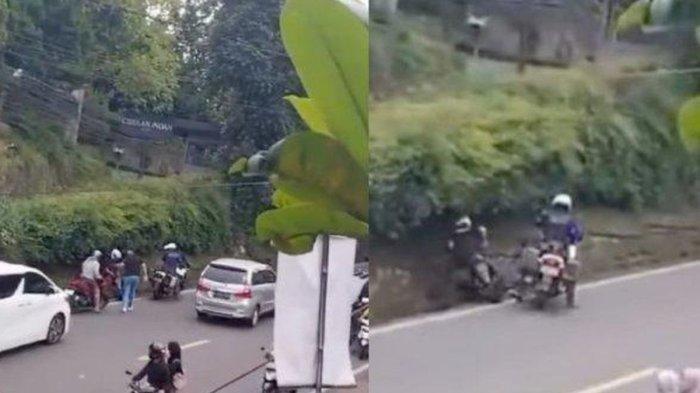 PATWAL TENDANG PENGENDARA. Tangkap layar petugas patwal diduga tendang pengendara motor hingga terjatuh ke selokan di Puncak Bogor, beredar viral di media sosial, Jumat (14/3/2025). Satuan Polisi Lalu Lintas atau Kasat Lantas Polres Bogor, AKP Rizky Guntama Ganda angkat bicara usai viral polisi Patwal tendang pengendara motor