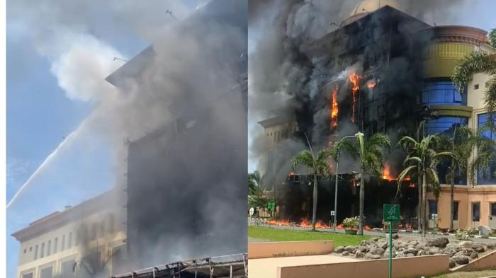 KEBAKARAN- Gedung di Asrama Haji yang berada di Jalan AH Nasution Medan terbakar, Rabu (30/7/2025).