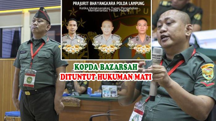 DITUNTUT HUKUMAN MATI: Terdakwa Kopda Bazarsah saat menjalani sidang di Pengadilan Militer 1-04 Palembang, dengan agenda pemeriksaan terdakwa, Senin (14/7/2025). Kopda Bazarsah dintut hukuman mati setelah terbukti menembak mati tiga anggota polisi di Way Kanan, Lampung, saat gerebek lokasi judi sabung ayam, Senin (17/3/2025). (KOLASE TRIBUNNEWS/KOMPAS.COM/AJI YK PUTRA)