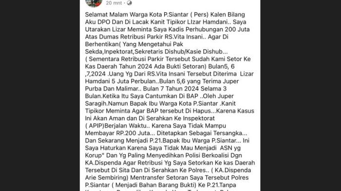 UNEK-UNEK DI MEDSOS:  Kadis Perhubungan Pematangsiantar Drs Julham Situmorang mengaku dimintai uang Rp 200 juta atas kasus pungli yang ia lakukan, Senin (28/7/2025) dini hari