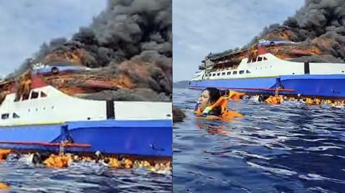 KAPAL TERBAKAR: Kapal Motor (KM) Barcelona terbakar saat berlayar di perairan Pulau Talise, Kabupaten Minahasa Utara, Sulawesi Utara, Minggu (20/07/2025). Adapun KM Barcelona ini berlayar untuk tujuan Talaud - Minut. (Kolase Tangkapan Layar Video/Tribun Manado/Istimewa)