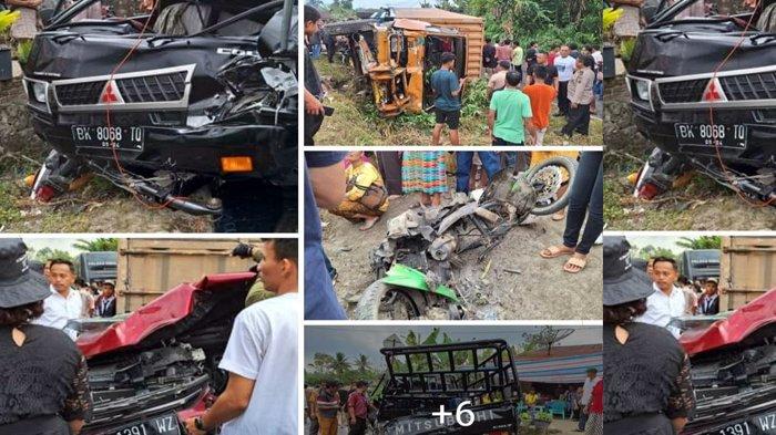 Kecelakaan maut menewaskan 5 orang Guru SMK Negeri 1 Siantar, Kabupaten Simalungun, Sumatera Utara, Rabu (24/1/2024). Kelima ibu guru itu tewas dalam kecelakaan lalulintas (lakalantas) di Jalan Lintas Siantar - Saribudolok di Bulu Pange, Kelurahan Merek Raya, Kecamatan Merek Raya, Kabupaten Simalungun, Rabu (24/1) pukul 14.00 WIB. (FB)