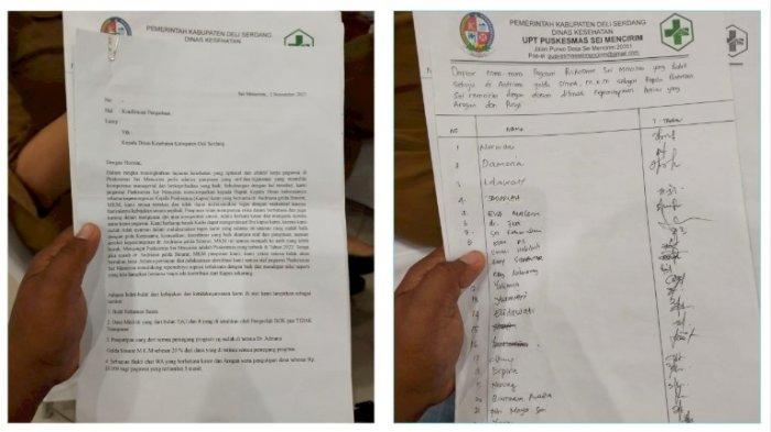 MOSI TIDAK PERCAYA - Kolase foto, isi surat pernyataan tidak percaya para pegawai atas Kepala Puskesmas dr Andriana Gelda Sinurat yang diterima Tribun Medan, Selasa (19/12/2023).