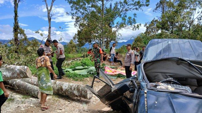 Kondisi mobil seusai tertimpa pohon kayu besar di kebun durian yang berada di Dusun Dagang, Desa Telagah, Kecamatan Sei Bingai, Kabupaten Langkat, Sumatera Utara, Senin (16/9/2024). 