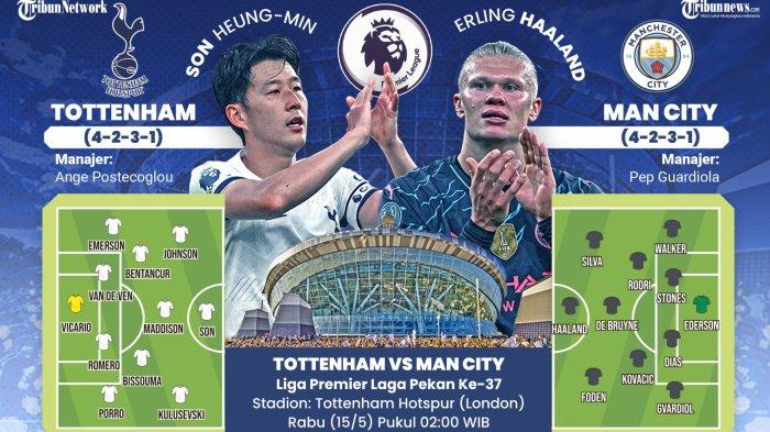 Laga Tottenham vs Manchester City yang digelar malam ini atau Rabu (15/5/2024) dini hari