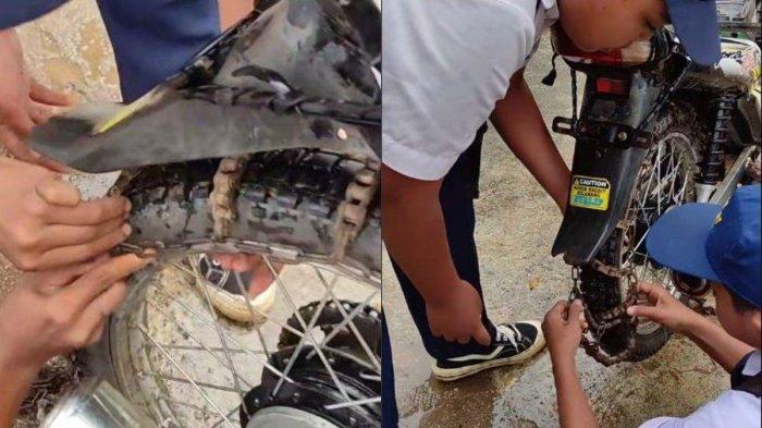 Cuplikan dua bocah SMP di Lampung Barat yang tengah viral karena memasang rantai di ban motornya untuk pulang sekolah