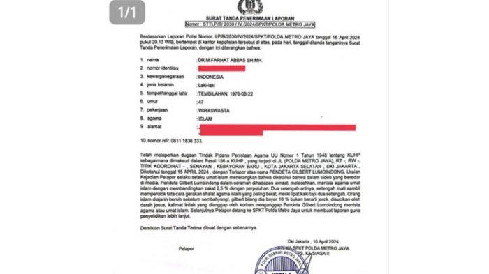 Laporan Farhat Abbas terhadap Pendeta Gilbert Lumoindong ke Polda Metro Jaya juga tersebar di media sosial. 