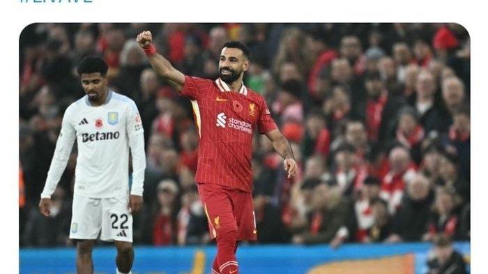 Winger Liverpool, Mohamed Salah, merayakan gol ke gawang Aston Villa pada laga pekan ke-11 Liga Inggris di Stadion Anfiel, Sabtu (9/11/2024).