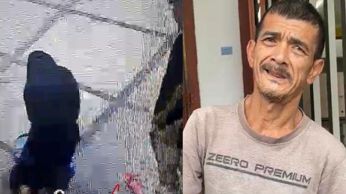 Kolase Foto. M Hutapea, penyandang disabilitas yang biasa mengemis di depan Toko Roti oleh-oleh Khas Siantar, Roti Ganda, dirampok oleh dua orang pemuda, Minggu (22/10/2023) pagi. Tangkapan layar aksi perampokan yang dialami M Hutapea.