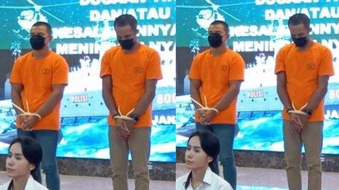 LEMPAR NAHKODA - Tersangka R dan B jelaskan kronologi hingga melempar nahkoda kapal ke laut, usai konferensi pers di Mako Korpolairud, Tanjung Priok, Jakarta, Jumat Jumat (25/4/2025). B mendorong Nakhoda bernama Tumpal Sianturi ke laut hingga tewas setelah adiknya R dianiaya oleh korban saat keduanya terlibat cekcok.