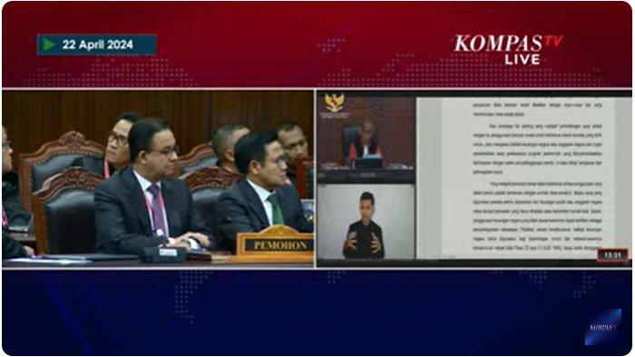 Mahkamah Konstitusi (MK) menolak seluruh permohonan perselisihan hasil pemilihan umum (PHPU) Pilpres 2024 yang diajukan oleh paslon 01 Anies Baswedan dan Muhaimin Iskandar, Senin (22/4/2024). (tangkapan layar video)