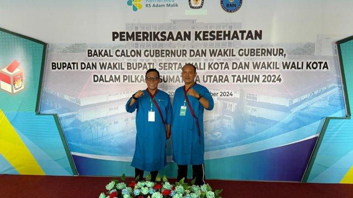 Bakal pasangan calon Bupati dan Wakil Bupati Tapanuli Tengah (Tapteng), Masinton Pasaribu dan Mahmud Efendi menjalani test kesehatan di Rumah Sakit Umum Pusat (RSUP) Adam Malik, Selasa (17/9/2024).