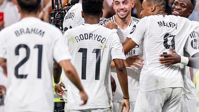 Pemain Real Madrid merayakan gol ke gawang Real Betis pada pekan ke-4 Liga Spanyol 2024-2025.