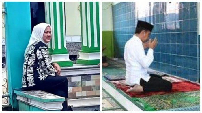 (Kiri) Foto saat Ibu Negara Iriana Jokowi duduk di pinggir jalan yang viral dan (Kanan) Saat Jokowi tunaikan Salat Jumat di Masjid Al Jihad Tanjung Agung Bengkulu bersama warga sekitar.