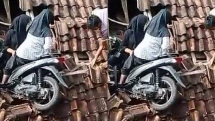 Momen lucu dua bocah perempuan yang mengendarai motor nyangkut di atap rumah warga.