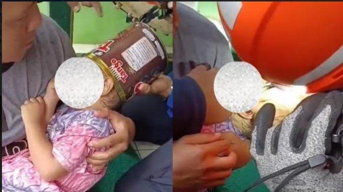 Momen petugas Dinas Pemadam Kebakaran (Damkar) lepaskan kaleng wafer yang nyangkut di kepala balita. Aksi heroik petugas dammkar tersebut terjadi di Dusun Jumeneng Kidul RT.02/RW.20, Sumberadi, Mlati, Sleman, Yogyakarta pada Sabtu (17/06/2023) lalu.